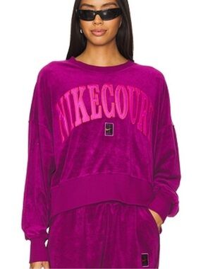 Nike court  Women's Fuchsia tennis heritage Velour Crew Sweatshirt! L